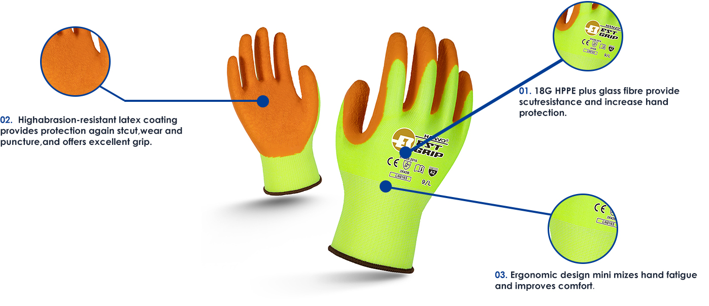 High-visibility ANSI A2 HPPE/Glass Fiber Cut Resistant Safety Work Glove