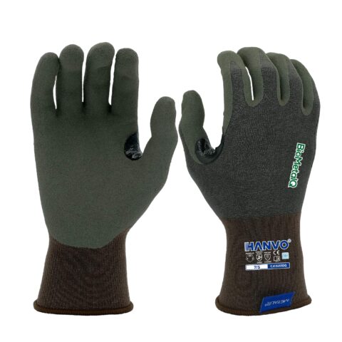 HANVO’s 18‑gauge nylon‑BioMetalQ‑spandex safety glove provides ANSI A3 cut‑resistant performance while preserving excellent fingertip dexterity. BioMetalQ liner is made of 95% bio‑based raw material, paired with biodegradable sandy‑foam polymer palm dipping, with reinforced thumb crotch for extended service life. Touch‑screen compatible for direct device operation without glove removal. This eco‑friendly cut resistant work glove is ideal for general assembly, material transport, machinery and equipment, automotive, facility maintenance and warehousing operations.