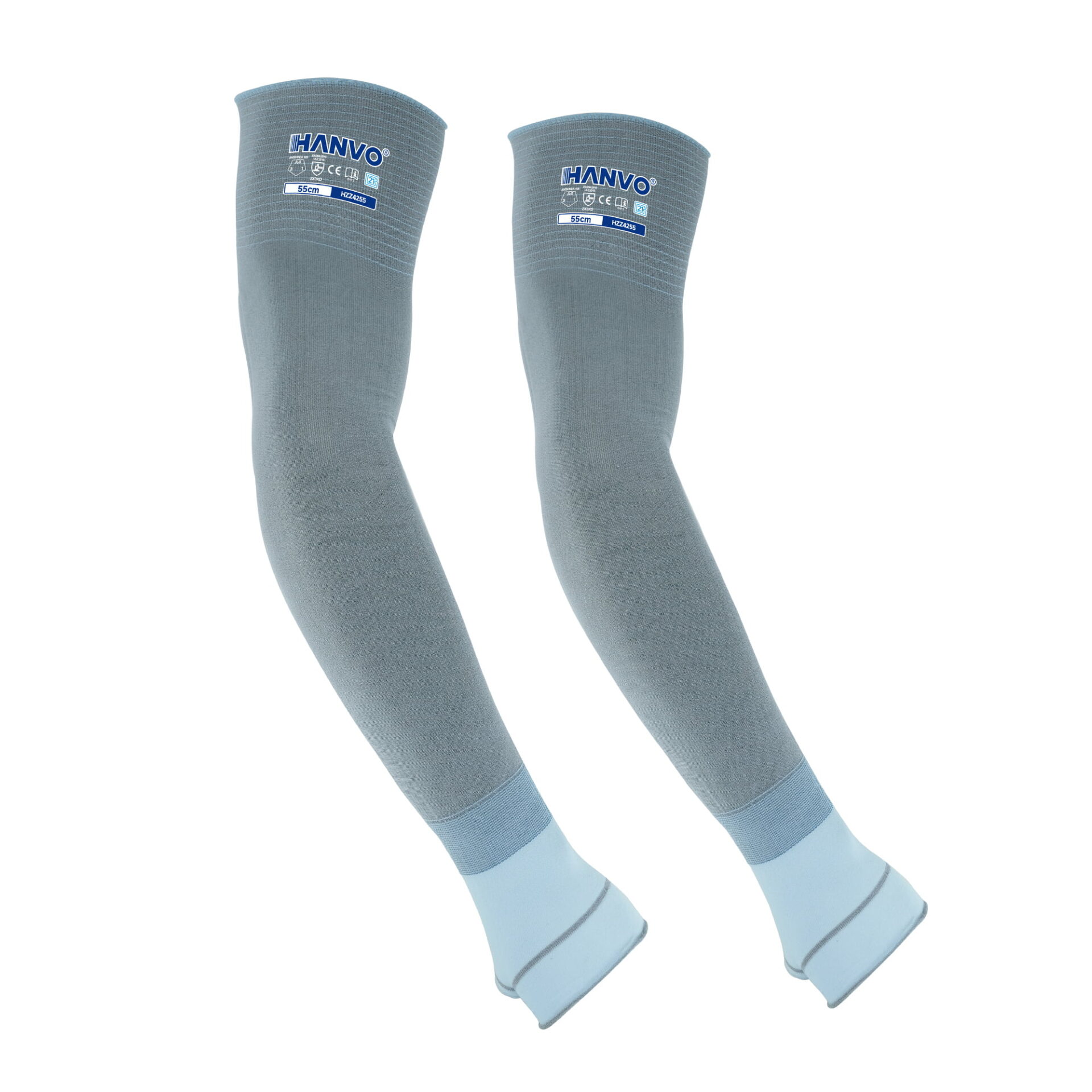 HANVO’s 21‑gauge polyester‑MetalQ cut‑resistant arm sleeve offers ANSI A4 cut‑level D forearm protection with excellent dexterity. This 55 cm extra‑long sleeve delivers enhanced forearm coverage for high‑risk work scenarios. Built‑in thumb‑hole keeps the sleeve securely positioned during dynamic motions. Lightweight and breathable knit material maintains steady comfort over long‑duration shifts. This heavy‑duty forearm protective sleeve is ideal for glass handling, metal fabrication, machinery and equipment, facility maintenance and warehousing operations.