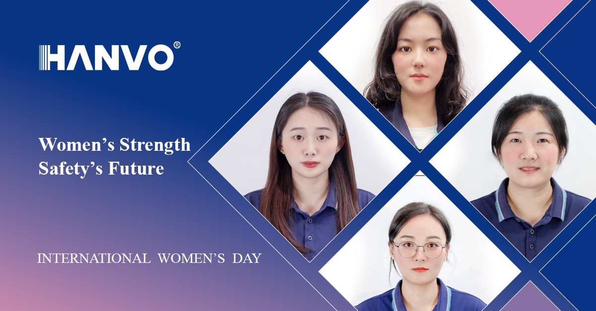 HANVO International Women’s Day 2025 poster featuring four women in uniform, with text 'Women’s Strength, Safety’s Future' and the HANVO logo on a blue and purple background.