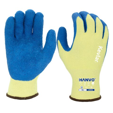 HANVO’s heavy‑duty 10‑gauge Kevlar engineered‑shell safety glove provides premium ANSI A6 cut‑resistant protection while retaining reliable fingertip dexterity. Crinkle latex palm coating delivers firm slip‑resistant grip under dry working conditions. The Kevlar liner offers Level‑2 contact heat resistance, and seamless knit eliminates skin irritation for all‑shift comfort. This high‑performance work glove is ideal for glass handling, metal processing, general assembly, machinery and equipment, automotive and warehousing operations.