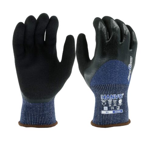 HANVO 15-gauge polyester HPPE hypergrip cut resistant glove, certified by ANSI A3 and EN388 standards, is equipped with 3/4 smooth and sandy palm nitrile coating that delivers great oil resistance, waterproof and abrasion resistant performance. This industrial anti-slip glove provides reliable cut protection, hyper grip and flexible fit for industrial operation. It is widely used in auto parts assembly, oil workshop, equipment overhaul, automotive maintenance, facility maintenance, machinery and equipment and transport and warehousing.