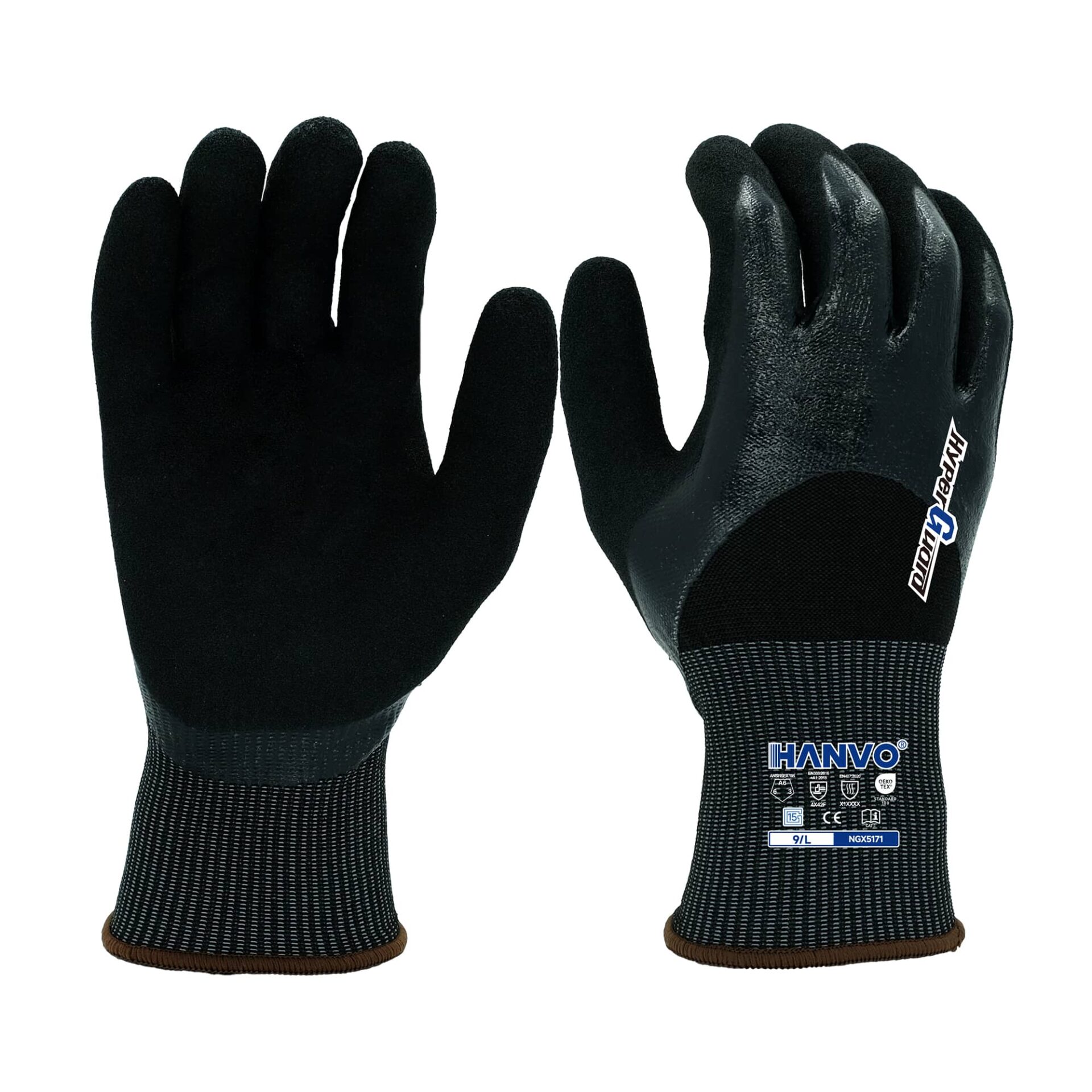 HANVO 15-gauge polyester HPPE hypergrip high cut resistant glove, compliant with ANSI A6 and EN388 standards, is designed with 3/4 smooth and sandy palm nitrile coating that provides outstanding oil repellent, waterproof and heavy-duty abrasion resistance. This heavy duty glove delivers the highest level of cut protection, hyper grip and durable performance for sharp object handling. It is perfect for sharp metal handling, glass processing, heavy workshop work, automotive maintenance, facility maintenance, glass and building materials, transport and warehousing and metal fabrication.