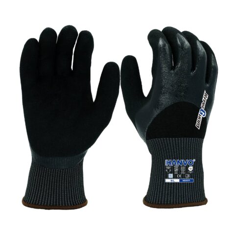 HANVO 15-gauge polyester HPPE hypergrip high cut resistant glove, compliant with ANSI A6 and EN388 standards, is designed with 3/4 smooth and sandy palm nitrile coating that provides outstanding oil repellent, waterproof and heavy-duty abrasion resistance. This heavy duty glove delivers the highest level of cut protection, hyper grip and durable performance for sharp object handling. It is perfect for sharp metal handling, glass processing, heavy workshop work, automotive maintenance, facility maintenance, glass and building materials, transport and warehousing and metal fabrication.