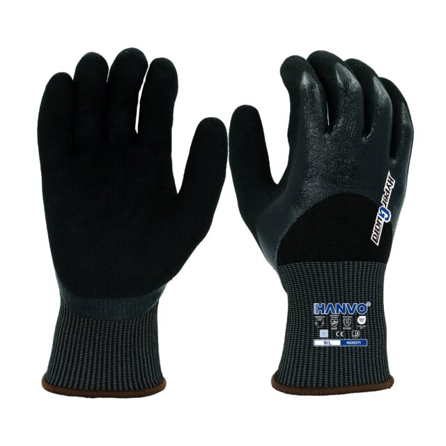 HANVO 15-gauge polyester HPPE hypergrip high cut resistant glove, compliant with ANSI A6 and EN388 standards, is designed with 3/4 smooth and sandy palm nitrile coating that provides outstanding oil repellent, waterproof and heavy-duty abrasion resistance. This heavy duty glove delivers the highest level of cut protection, hyper grip and durable performance for sharp object handling. It is perfect for sharp metal handling, glass processing, heavy workshop work, automotive maintenance, facility maintenance, glass and building materials, transport and warehousing and metal fabrication.