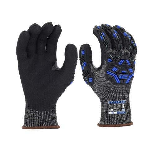 HANVO 13-gauge Polyester HPPE Glass Fiber Steel glove, ANSI A4 & EN388 4X42DP certified, high cut-resistant sandy foam nitrile palm coated, reinforced thumb crotch, TPR shock absorption, touchscreen seamless operation, high tensile puncture resistant. Durable abrasion, oily material gripping, wet&dry stable traction, widely used in hardware stamping, heavy machinery maintenance, auto workshop, metal processing, warehouse cargo handling.