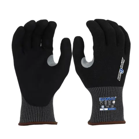 HANVO 13-gauge high-density HPPE basalt steel composite liner provides ANSI A6 extreme cut defense for high-risk operation, sandy foam nitrile coating performs excellent grip in dry/wet/oily three environments, thumb reinforcement and touch function greatly expand applicable scenarios. ANSI & EN388 double certified premium PPE for metal fabrication, chemical auxiliary handling, auto heavy repair, construction high-risk operation and warehouse oily cargo sorting.