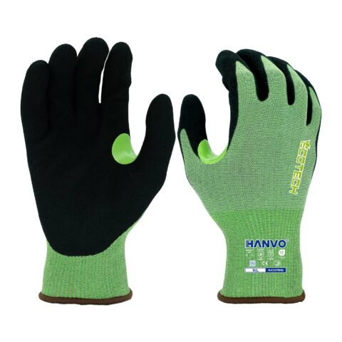 HANVO 15-gauge recycled MetalQ spandex liner with ANSI A5 medium-high cut resistance, sandy foam nitrile palm realizes strong wet & dry traction, crotch reinforcement and waterproof oil-resistant performance. ANSI & EN388 certified heavy duty glove for oily component transfer, slippery material grabbing, construction auxiliary and daily machinery repair.