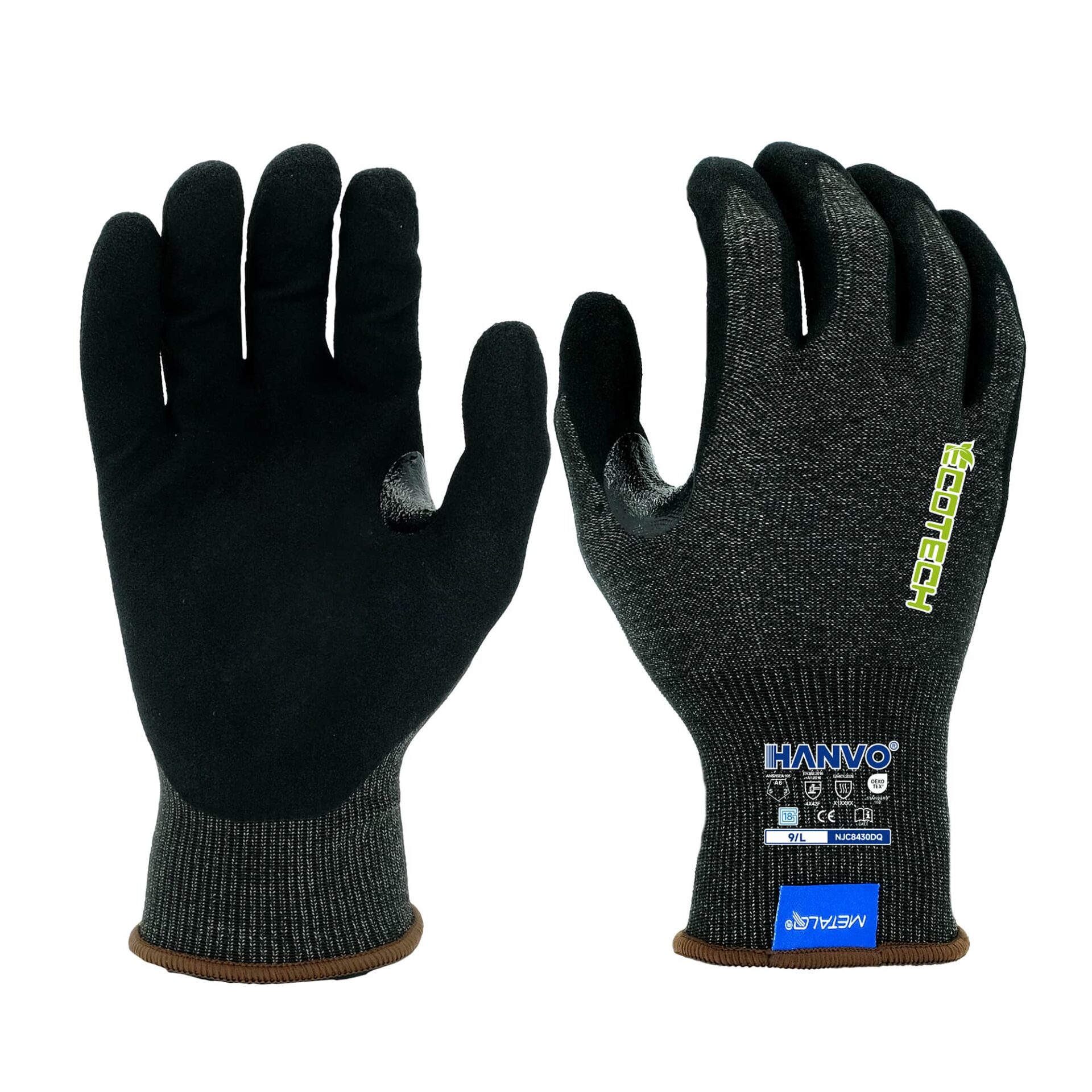 HANVO 18-gauge polyester+MetalQ steel blended spandex liner reaches top ANSI A6 anti-cut level, sandy foam nitrile palm provides heavy-load anti-slip, reinforced high-wear zone and durable tear resistance. Double ANSI & EN388 certified premium PPE glove for sharp steel plate handling, high-risk cutting, machinery fine adjustment and bolt assembly work.