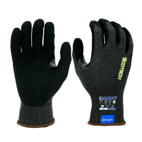 HANVO 18-gauge polyester+MetalQ steel blended spandex liner reaches top ANSI A6 anti-cut level, sandy foam nitrile palm provides heavy-load anti-slip, reinforced high-wear zone and durable tear resistance. Double ANSI & EN388 certified premium PPE glove for sharp steel plate handling, high-risk cutting, machinery fine adjustment and bolt assembly work.
