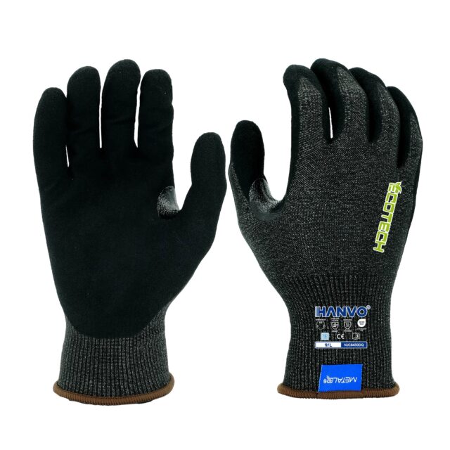 HANVO 18-gauge polyester+MetalQ steel blended spandex liner reaches top ANSI A6 anti-cut level, sandy foam nitrile palm provides heavy-load anti-slip, reinforced high-wear zone and durable tear resistance. Double ANSI & EN388 certified premium PPE glove for sharp steel plate handling, high-risk cutting, machinery fine adjustment and bolt assembly work.