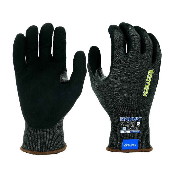HANVO 18-gauge polyester+MetalQ steel blended spandex liner reaches top ANSI A6 anti-cut level, sandy foam nitrile palm provides heavy-load anti-slip, reinforced high-wear zone and durable tear resistance. Double ANSI & EN388 certified premium PPE glove for sharp steel plate handling, high-risk cutting, machinery fine adjustment and bolt assembly work.
