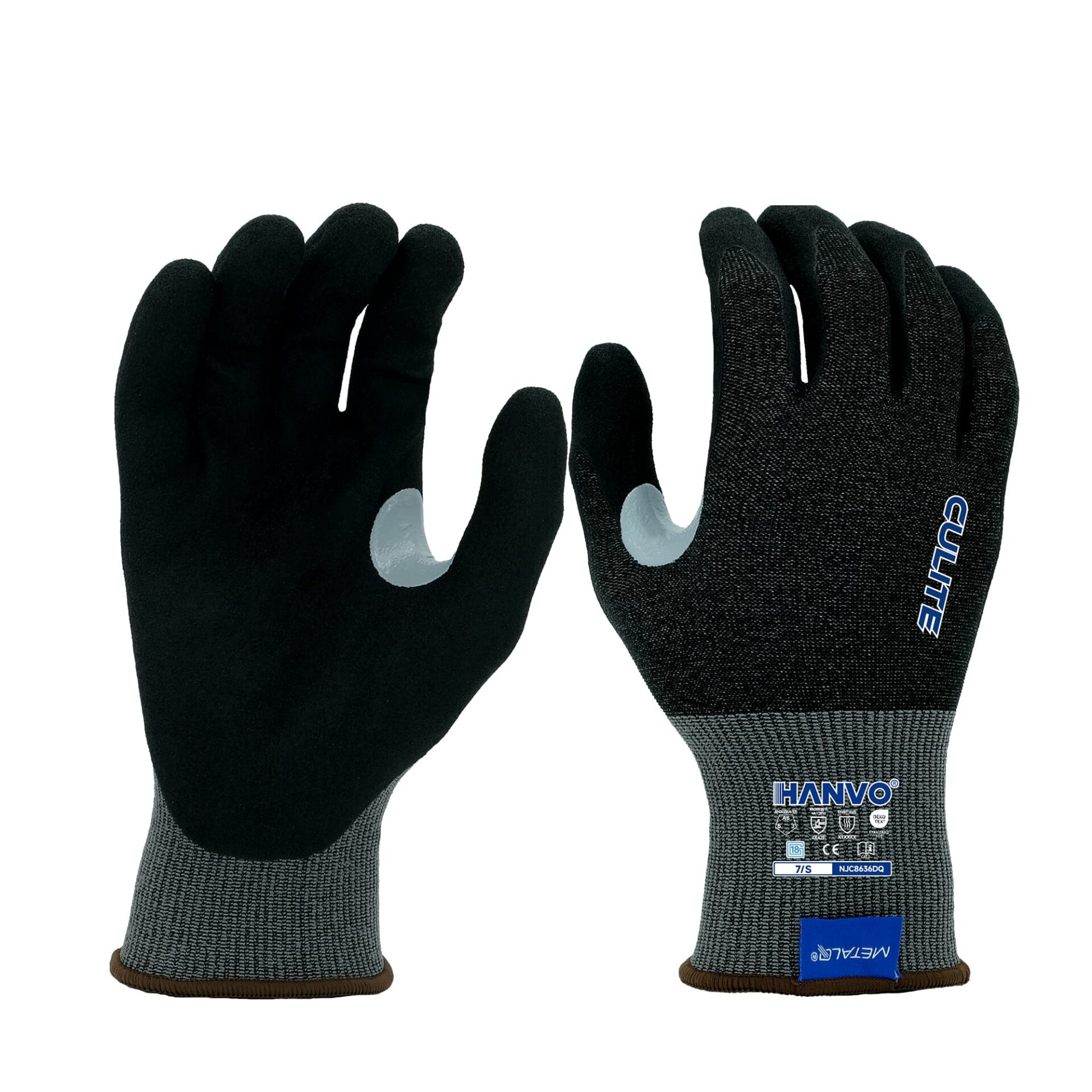HANVO adopts 18-gauge polyester blended Culite steel liner with ANSI A6 top cut resistance, sandy foam nitrile palm coating plus thumb crotch reinforcement, delivers durable wear resistance, stable dry grip and seamless touchscreen operation. Dual ANSI & EN388 certified safety glove for metal cutting, steel plate trimming, heavy machinery assembly, high-friction workshop handling and repeated hardware transport.