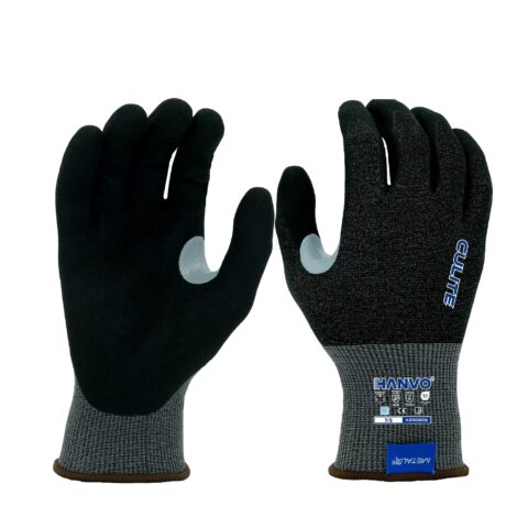 HANVO adopts 18-gauge polyester blended Culite steel liner with ANSI A6 top cut resistance, sandy foam nitrile palm coating plus thumb crotch reinforcement, delivers durable wear resistance, stable dry grip and seamless touchscreen operation. Dual ANSI & EN388 certified safety glove for metal cutting, steel plate trimming, heavy machinery assembly, high-friction workshop handling and repeated hardware transport.