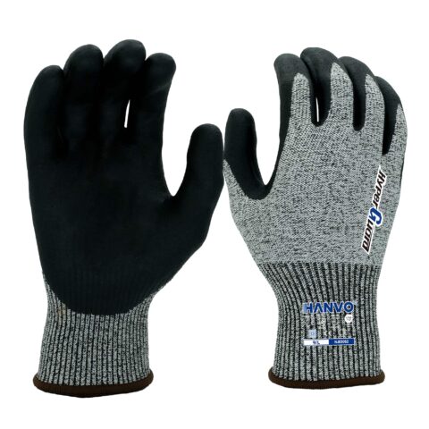 HANVO 13‑gauge polyester HPPE glass fiber liner ANSI A3 EN388 cut‑resistant glove. Foam nitrile palm dipping supplies dependable cut protection and comfortable grip. Plain dipped lightweight construction for all‑day wear. Designed for routine material handling, product assembly, warehouse operation, broad‑range general‑purpose industrial work.