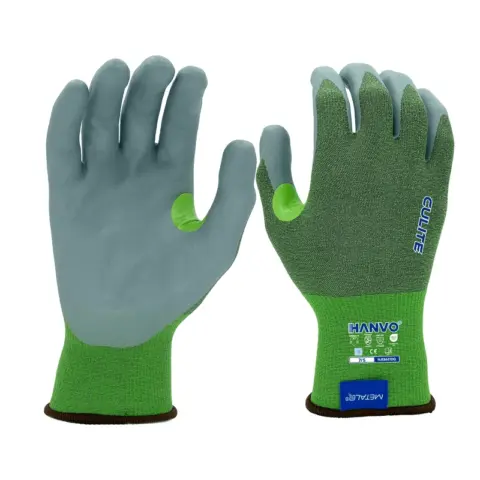 HANVO 18-gauge flexible polyester Culite spandex liner reaches ANSI A3 moderate cut protection, soft foam nitrile palm offers comfortable non-slip grip, reinforced crotch prolongs service life with full touchscreen compatibility. Compliant with ANSI & EN388 mechanical standards, perfectly suited for delicate parts fitting, electronic maintenance, light metal finishing and small component sorting work.