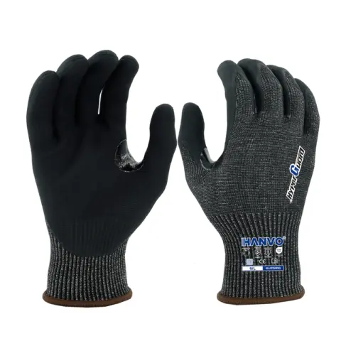 HANVO 13-gauge HPPE glass fiber steel knitted liner achieves ANSI A4 medium-high cut level, water jetted micro foam nitrile palm enhances air permeability and anti-slip performance in slight oil condition, reinforced high-wear crotch avoids frequent tearing. Passed ANSI/ISEA 105 & EN388 certification, widely used for stamping processing, auto oily parts disassembly, bolt fastening, equipment overhaul and metal auxiliary cutting jobs.