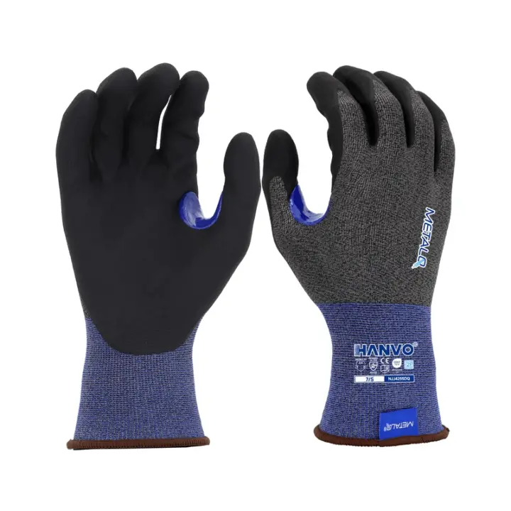 21-gauge high-stretch nylon MetalQ composite liner achieves ANSI A4 cut level with ultra-slender hand feel, micro foam nitrile coating ensures steady non-slip in dry environments, reinforced thumb crotch solves tearing problem for long-hour continuous use. Double industrial certified protective glove for precision hardware installation, light metal fabrication, automotive interior assembly and facility routine overhaul.