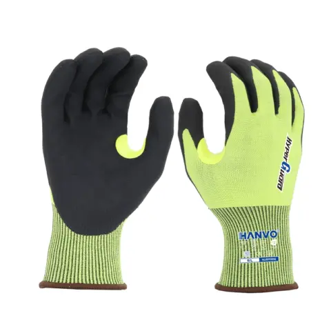 HANVO 15‑gauge polyester HPPE glass fiber steel liner ANSI A4 EN388 cut‑resistant glove. Water jetted micro‑foam nitrile palm dipping strikes the balance between cut resistance and fingertip dexterity. Touchscreen compatible, reinforced thumb crotch. Applied for metal stamping, automotive part handling, mechanical upkeep, building construction.