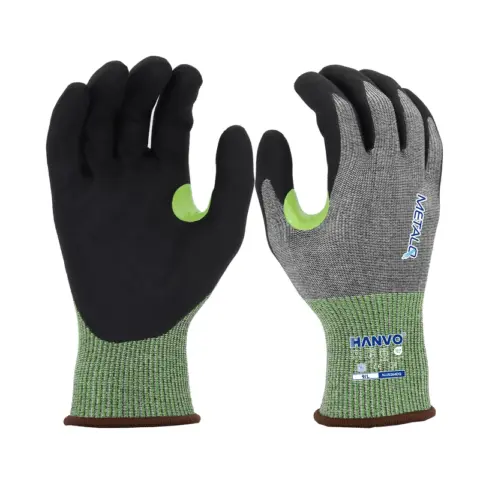 HANVO elastic 15-gauge nylon MetalQ liner delivers ANSI A3 basic cut protection while keeping ultra flexibility, water jetted micro foam nitrile brings soft breathable dry grip, touchscreen design and crotch reinforcement balance comfort and durability well. EN388 & ANSI qualified daily work glove for machinery maintenance, facility repair, hardware picking, light auto assembly and material repetitive handling.