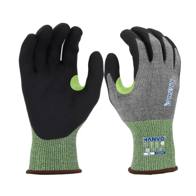 HANVO elastic 15-gauge nylon MetalQ liner delivers ANSI A3 basic cut protection while keeping ultra flexibility, water jetted micro foam nitrile brings soft breathable dry grip, touchscreen design and crotch reinforcement balance comfort and durability well. EN388 & ANSI qualified daily work glove for machinery maintenance, facility repair, hardware picking, light auto assembly and material repetitive handling.