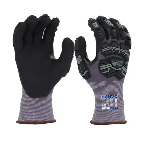 HANVO 15-gauge Nylon Spandex glove, ANSI A1 & EN388 4131AP certified, impact resistant water jetted micro foam nitrile palm coated, flexible fit, touchscreen compatible, breathable dry grip, long wear durability. Shock absorption, snug ergonomic fit, oil repellent, widely used in machinery maintenance, auto repair, stamping picking, cutting workshop feeding, assembly line operation.
