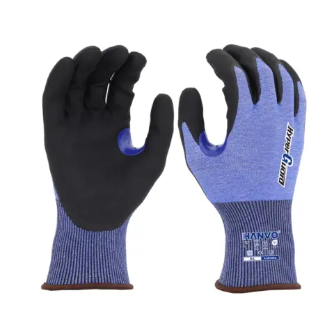 HANVO 18‑gauge polyester HPPE glass fiber steel liner ANSI A4 EN388 cut‑resistant glove. Water jetted micro‑foam nitrile palm dipping maintains steady anti‑slip grip under wet and damp working conditions. Touchscreen compatible, reinforced thumb crotch. Great for wet‑area metal processing, glass carrying, indoor‑outdoor logistics, wet industrial scenarios.