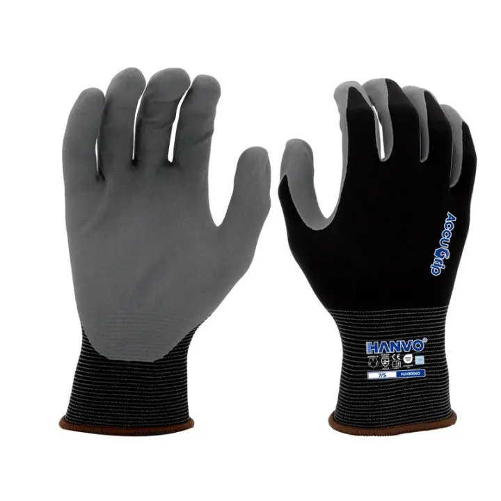 Discover HANVO’s 18-gauge nylon spandex, ANSI Level 4 & EN388 certified high abrasion resistant Accugrip nitrile touch screen safety glove, featuring snug flexibility, strong grip and long service life. Ideal for electronics assembly, automotive production, facility maintenance, machinery equipment operation, transport warehousing and glass & building materials handling.