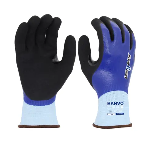 HANVO 13-gauge polyester HPPE hypergrip heavy duty cut resistant glove, compliant with ANSI A3 and EN388 standards, uses full smooth and sandy palm nitrile coating to achieve outstanding oil repellent, waterproof and wear-resistant effects. This heavy duty protective glove offers excellent cut protection, hyper grip and durable performance for heavy workloads. It is perfect for heavy machinery operation, bulk material handling, metal cutting, automotive maintenance, facility maintenance, machinery and equipment, transport and warehousing and metal fabrication.