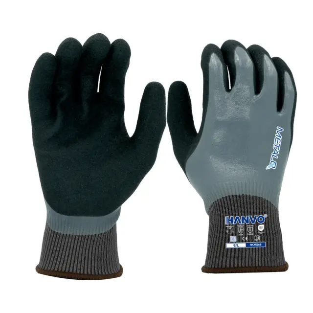 HANVO 15-gauge nylon MetalQ multi-scenario cut resistant glove, certified by ANSI A5 and EN388 standards, adopts sandy nitrile palm coating to deliver superior oil repellent, waterproof and abrasion resistant performance. This industrial safety glove offers reliable cut protection, flexible fit and strong grip for multi-scenario industrial use. It is ideal for machinery repair, auto assembly, general construction auxiliary work, automotive maintenance, facility maintenance, machinery and equipment, transport and warehousing and construction.