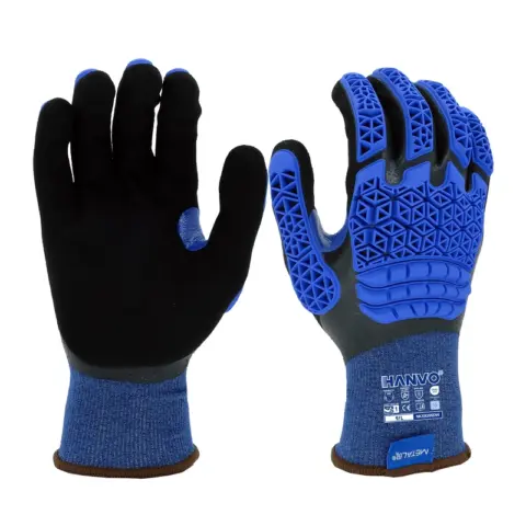 HANVO 18-gauge Polyester MetalQ glove, ANSI A4 & EN388 4X42DP certified, cut-resistant oil-proof dual smooth&sandy nitrile palm coated, TPR shock buffer, touchscreen operable, heavy duty abrasion resistant, low temp stable. Slip resistance, high traction, wet&dry dual grip, applicable to oily parts disassembly, equipment inspection, screw adjustment, stamping picking, metal cutting workshop.