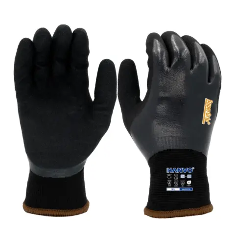 HANVO 15+10-gauge Polyester Acrylic Terry glove, ANSI A2 & EN388 4332B certified, cut-resistant nitrile coated, cold insulated, oil-proof, touchscreen compatible, heavy-duty abrasion resistant. Anti-slip, water repellent, flexible fit, widely used in machinery maintenance, equipment inspection, garden operation, steel edge handling and wash area cleaning in low-temperature workshops.