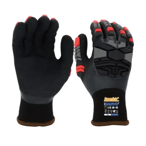 HANVO 15+10-gauge Polyester Acrylic Terry glove, ANSI A2 & EN388 4332BP certified, thermal cold-resistant smooth+sandy dual nitrile palm coated, warm terry liner, TPR anti-collision back, touchscreen compatible, winter oil repellent, all-weather traction. Frostproof insulation, wet/dry non-slip, waterproof barrier, low-temperature warehouse adaption, widely used in cold storage operation, winter machinery maintenance, icy parts handling, outdoor construction, refrigeration equipment overhaul.