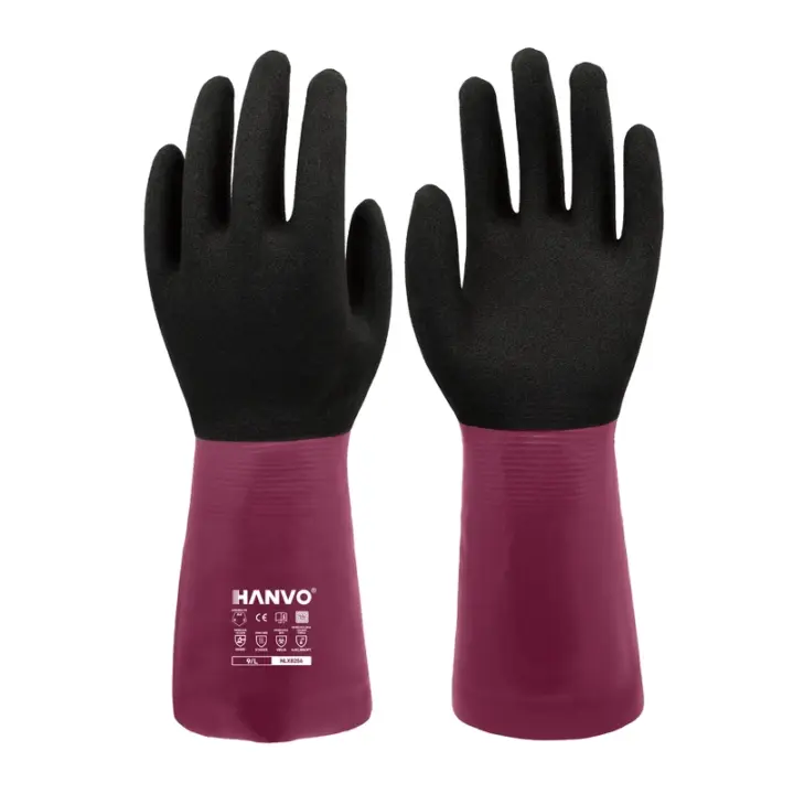 Discover HANVO’s 18-gauge nylon MetalQ liner, ANSI D Cut & EN388 certified Chemguard fully coated smooth sandy nitrile chemical cut-resistant glove, dual cut & chemical protection, oil barrier, touchscreen responsive, flexible for precision assembly. Ideal for automotive, facility maintenance, machinery equipment, transport warehousing, glass building materials and chemical dispensing, screw tightening, cutting workshop cleaning jobs.