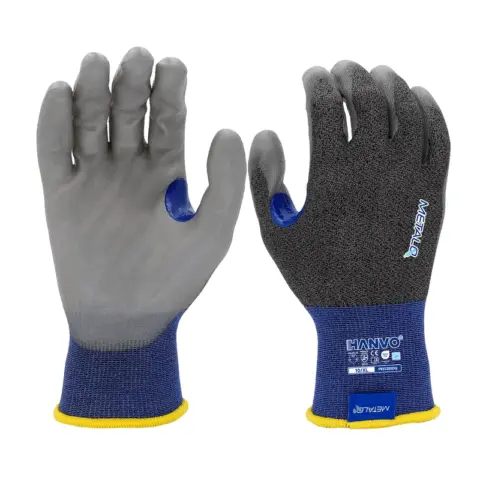 HANVO’s ultra‑thin 24‑gauge MetalQ blended glove provides ANSI A4 cut‑D protection. PU palm dipping ensures stable dry grip, reinforced thumb crotch improves durability for tough workloads. Built‑in touch‑screen function supports direct device operation. Ultra‑lightweight, high‑dexterity for metal‑parts handling, glass processing, machinery and building‑material industries.