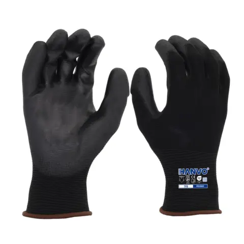 HANVO’s lightweight 13‑gauge nylon work glove comes with black PU palm dipping for stable dry‑condition handling. Breathable construction wicks sweat and maintains all‑day comfort. High dexterity minimizes hand fatigue, well‑suited for precision assembly, machinery maintenance, warehousing and logistics.