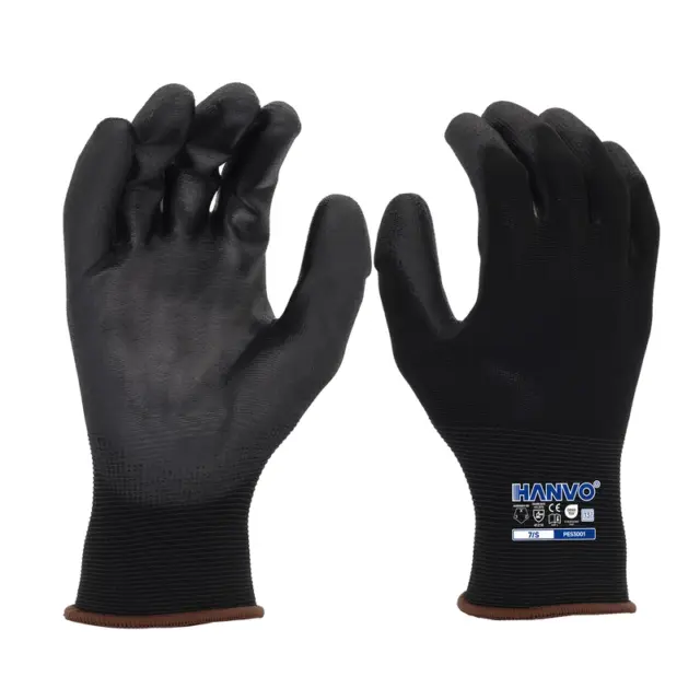 HANVO’s lightweight 13‑gauge nylon work glove comes with black PU palm dipping for stable dry‑condition handling. Breathable construction wicks sweat and maintains all‑day comfort. High dexterity minimizes hand fatigue, well‑suited for precision assembly, machinery maintenance, warehousing and logistics.