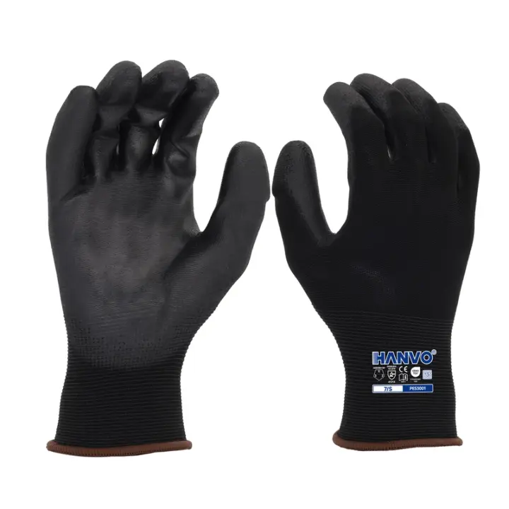 HANVO’s lightweight 13‑gauge nylon work glove comes with black PU palm dipping for stable dry‑condition handling. Breathable construction wicks sweat and maintains all‑day comfort. High dexterity minimizes hand fatigue, well‑suited for precision assembly, machinery maintenance, warehousing and logistics.