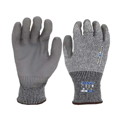HANVO’s 13‑gauge HPPE‑glass‑fiber blended safety glove delivers ANSI A3 cut level C protection with level‑3 abrasion resistance. Elastic PU palm coating conforms to hand shapes for reliable grip and lowered fatigue. Knit wrist prevents dirt and debris from entering gloves, lightweight breathable design suits long‑shift industrial work. Widely used in glass handling, metal processing, machinery equipment and building‑material industries.