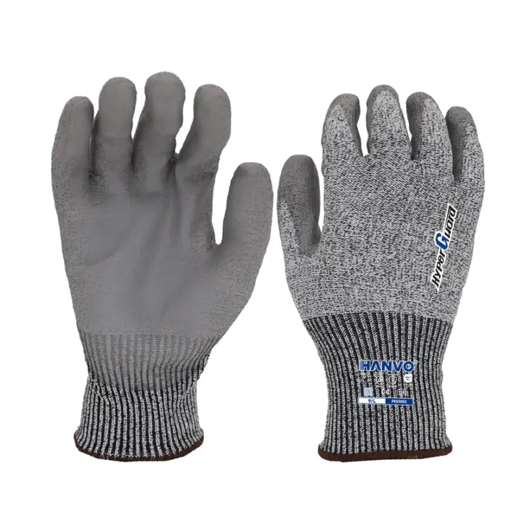 HANVO’s 13‑gauge HPPE‑glass‑fiber blended safety glove delivers ANSI A3 cut level C protection with level‑3 abrasion resistance. Elastic PU palm coating conforms to hand shapes for reliable grip and lowered fatigue. Knit wrist prevents dirt and debris from entering gloves, lightweight breathable design suits long‑shift industrial work. Widely used in glass handling, metal processing, machinery equipment and building‑material industries.