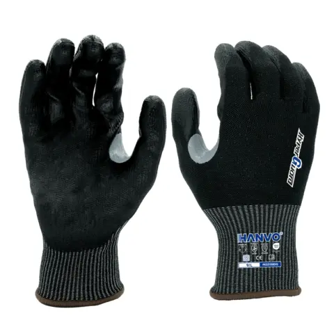 HANVO’s high‑performance 13‑gauge blended yarn safety glove delivers ANSI A6 extreme cut‑resistance for high‑risk working scenarios. Level‑3 abrasion‑resistant PU palm coating works well under dry & light‑oil conditions. Reinforced thumb crotch extends glove service life, touch‑screen compatible liner allows seamless device operation. Widely applied in glass handling, metal processing, machinery equipment, building materials industries.