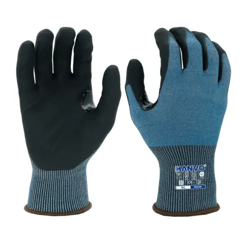 HANVO’s 13‑gauge polyester‑UHMPE safety glove provides ANSI A2 cut‑level B protection paired with level‑3 abrasion resistance. Stretchable PU palm coating fits hands closely for secure dry grip, reduces hand fatigue and improves productivity. Knit wrist blocks dirt and debris ingress, lightweight breathable construction supports all‑day wear. For general assembly, machinery maintenance, material handling and warehousing.