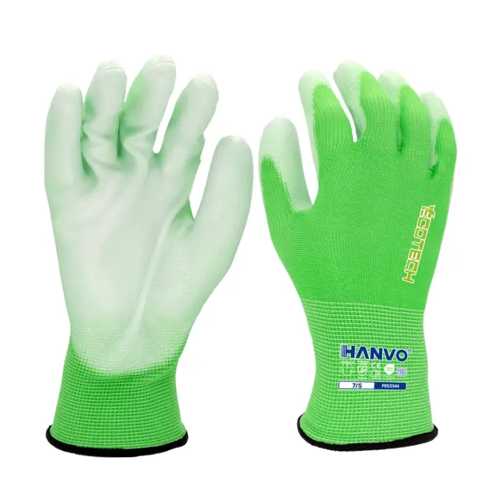 HANVO’s sustainable 13‑gauge recycled polyester safety glove adopts PU palm coating for secure dry‑use grip. Lightweight flexible shell ensures outstanding fingertip dexterity. Breathable fabric dissipates sweat and keeps hands cool and dry, seamless knit minimizes irritation for long‑shift work. Applied in precision assembly, facility maintenance, logistics and warehousing.