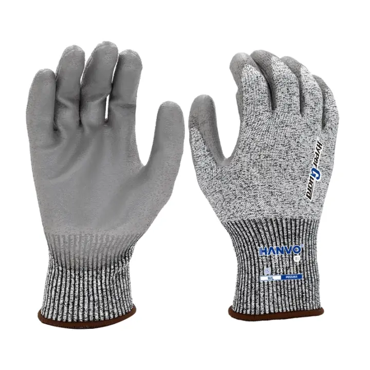 HANVO’s high‑performance 13‑gauge UHMPE‑glass‑fiber blend glove offers ANSI A4 cut level D protection and level‑4 abrasion resistance. Stretch‑fit PU palm coating delivers stable grip while preserving breathability and dexterity. Knit wrist blocks dirt ingress, lightweight build supports comfortable all‑day work. Suitable for glass processing, sharp‑part handling, machinery maintenance and building‑material applications.