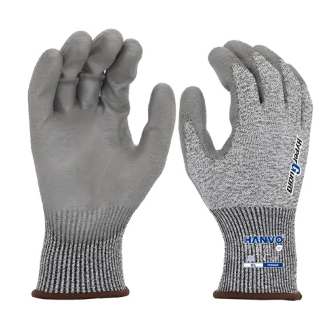 HANVO’s 13‑gauge HPPE‑steel‑wire blended safety glove provides ANSI A4 cut level D protection with level‑3 abrasion resistance. Flexible PU palm coating stretches with hand movement for firm grip and reduced fatigue. Knit‑wrist design keeps dirt and debris out, seamless knit minimizes skin irritation for long‑hour industrial tasks. Applied in metal‑part handling, machinery equipment, glass and building‑materials industries.