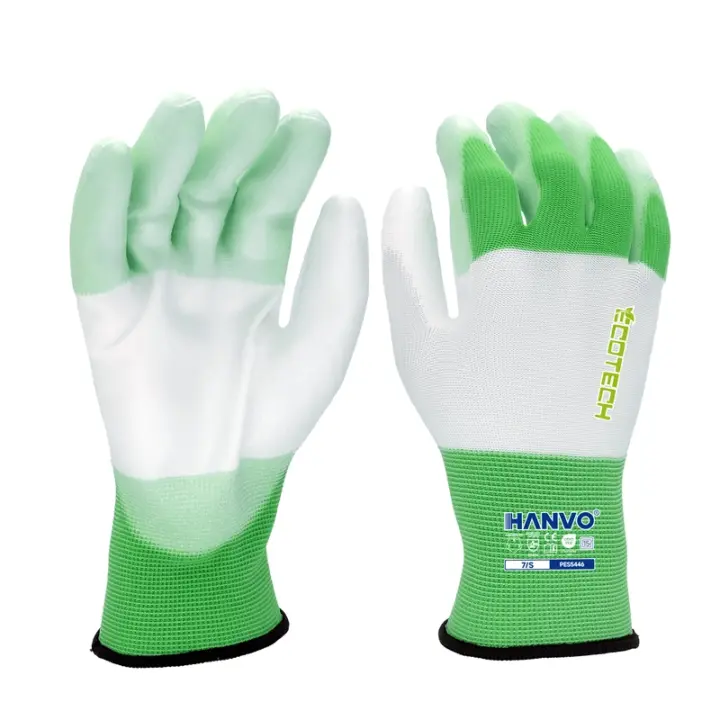 HANVO’s eco‑friendly 15‑gauge recycled polyester glove features PU palm dipping for reliable grip under dry environments. Lightweight flexible liner brings great dexterity and comfort. Breathable knit wicks away moisture to keep hands cool and dry, seamless knit reduces skin irritation for all‑day wearing. Suitable for general assembly, facility maintenance, transport and warehousing.