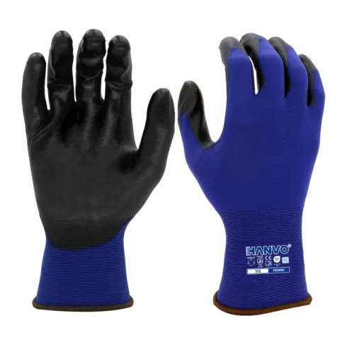 HANVO’s lightweight 18‑gauge nylon work glove adopts black PU palm dipping for reliable grip in dry‑working environments. Breathable knit wicks away moisture to keep hands dry and comfortable for extended wear. Excellent dexterity and precision effectively reduce hand fatigue, well‑suited for precision assembly, facility maintenance, transport and warehousing.