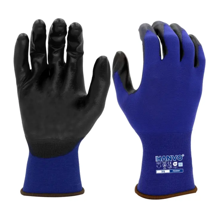 HANVO’s lightweight 18‑gauge nylon work glove adopts black PU palm dipping for reliable grip in dry‑working environments. Breathable knit wicks away moisture to keep hands dry and comfortable for extended wear. Excellent dexterity and precision effectively reduce hand fatigue, well‑suited for precision assembly, facility maintenance, transport and warehousing.