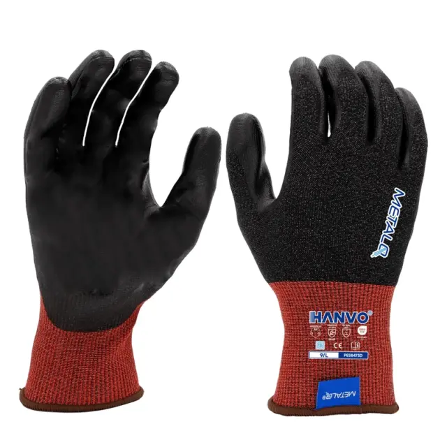 HANVOโs premium 18โgauge nylonโMetalQโtungstenโcarbon blended glove delivers topโtier ANSI A6 cutโF protection with reliable ESD staticโdissipation performance for staticโsensitive controlled environments. PU palm coating provides secure firm grip under dry working conditions. Touchโscreenโcompatible liner allows seamless device operation without removing gloves. It combines extreme cut resistance, antiโstatic function and fine dexterity, suitable for electronics manufacturing, automotive, machinery maintenance and warehousing.