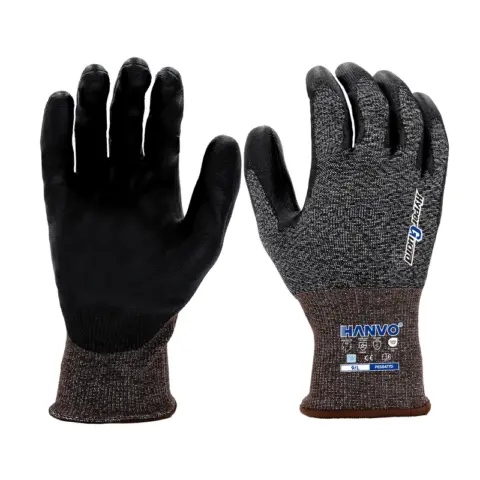 HANVO’s 18‑gauge high‑performance blended glove provides ANSI A5 cut‑E protection together with ESD anti‑static function for static‑sensitive working zones. PU palm dipping ensures stable dry grip, touch‑screen compatible for convenient device operation. Balances heavy‑duty cut‑resistance, static control and fingertip agility, widely used in electronics manufacturing, automotive, machinery maintenance and warehousing.